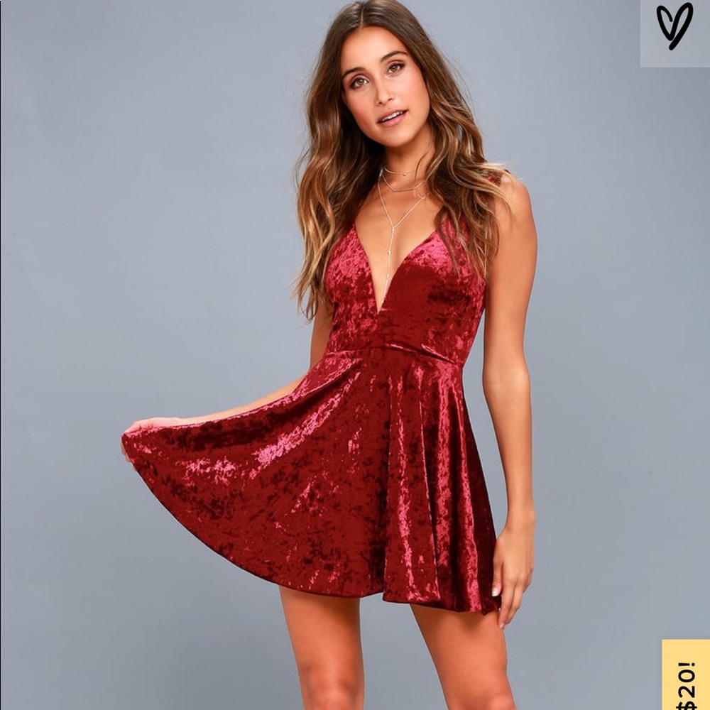 This Night Burgundy Velvet Backless Skater Dress